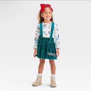 NWT Toddler Girls' Bluey Christmas 2pc Long Sleeve Top and Skirtall Set Green 3T